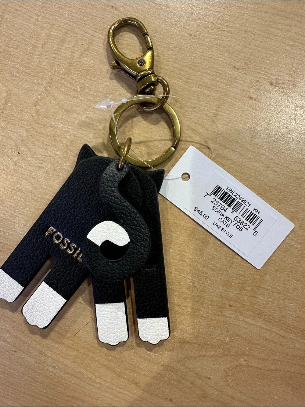 Fossil Black & White Cat Keyring Charm with Brass Hardware